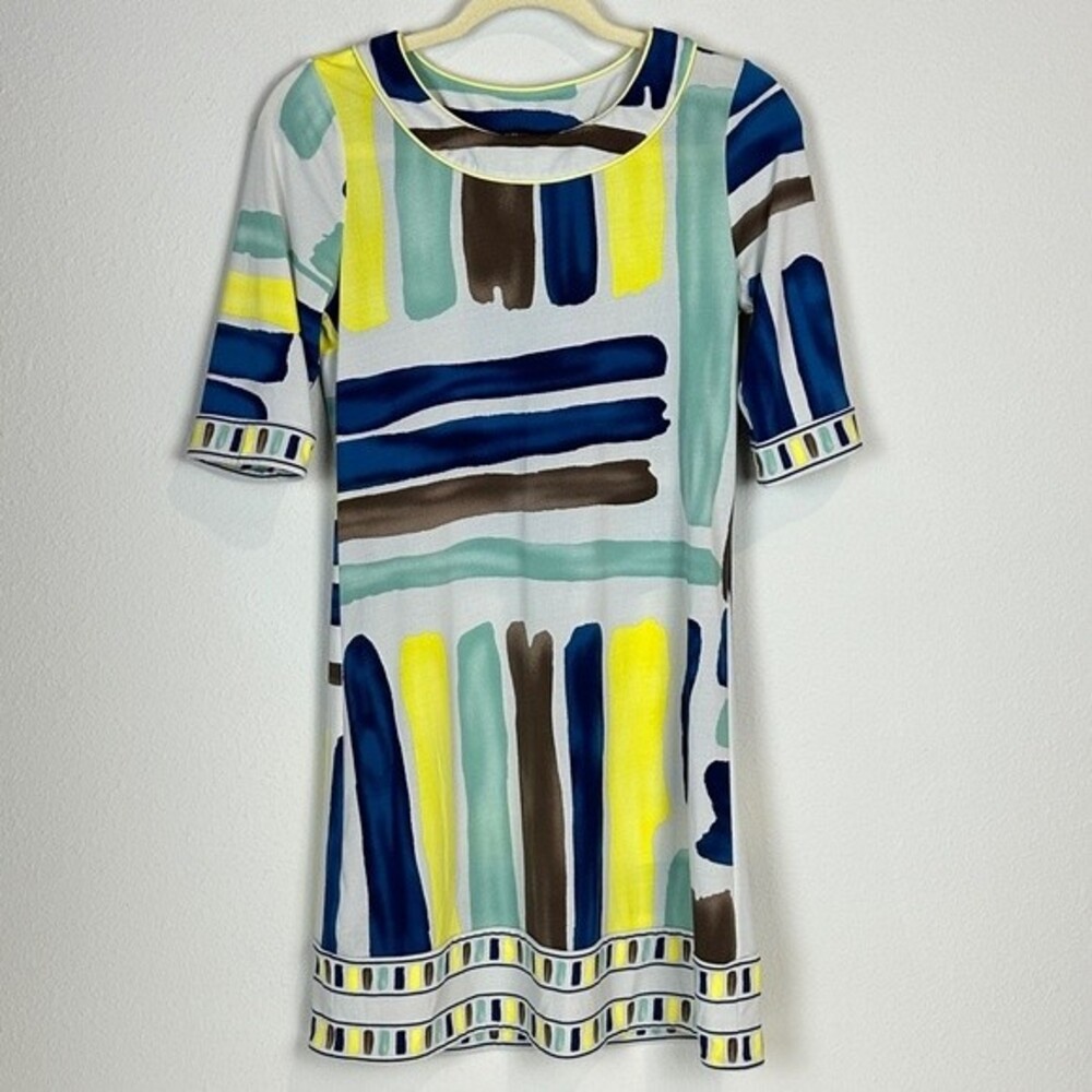 BCBGMaxAzria Blue & Yellow Abstract Jersey Shift Dress XXS